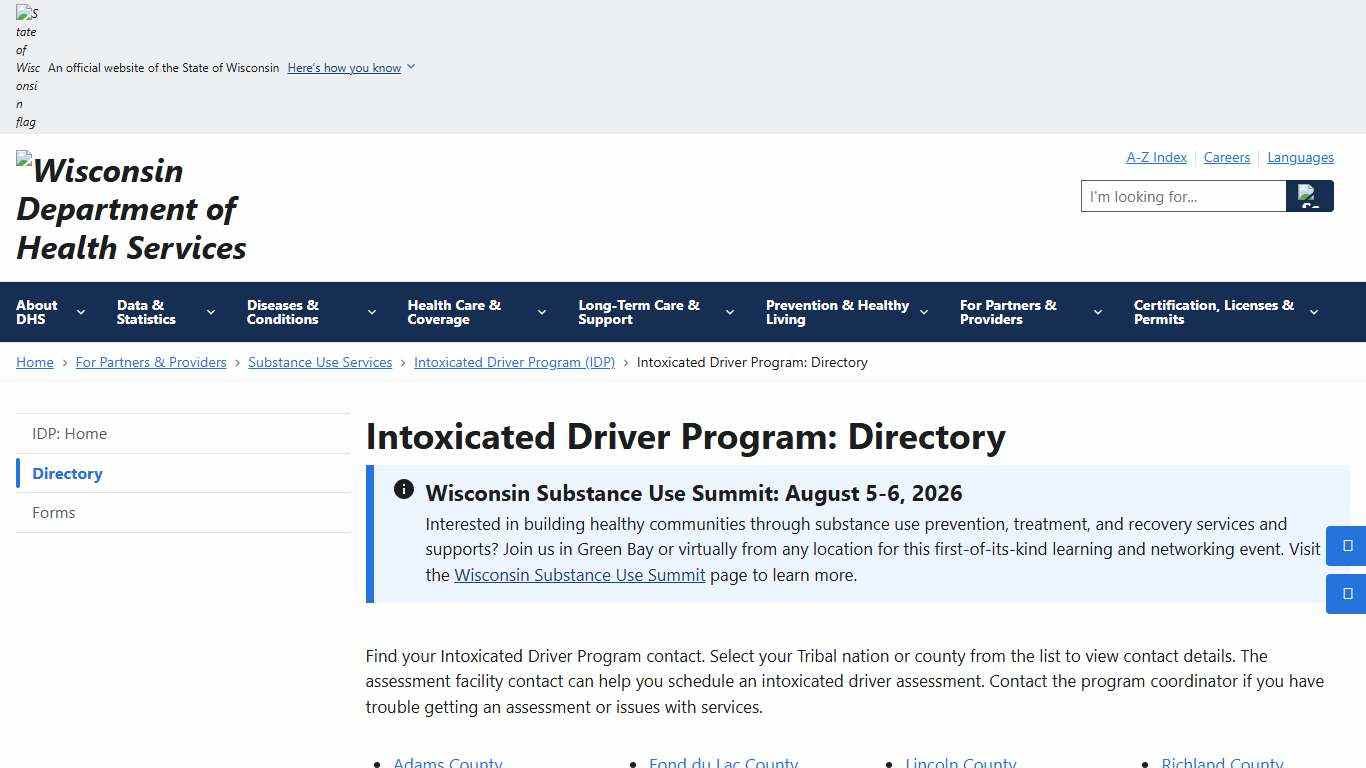 Intoxicated Driver Program: Directory Wisconsin Department of Health Services